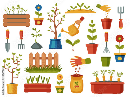 Planting seeds collection. Cartoon garden tools, gardening equipment flowerpot watering can pot shovel gloves, agriculture cultivating concept. Vector set