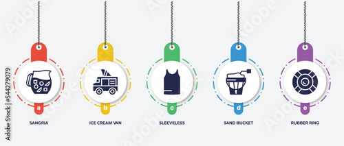 infographic element template with summer filled icons such as sangria, ice cream van, sleeveless, sand bucket, rubber ring vector.