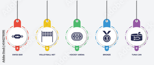 infographic element template with fisherman filled icons such as swiss bar, volleyball net, hockey arena, bronze, tuna can vector.