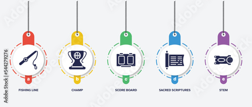 infographic element template with bicycle filled icons such as fishing line, champ, score board, sacred scriptures, stem vector.