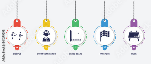 infographic element template with gym filled icons such as disciple, sport commentor, diving board, race flag, buck vector.