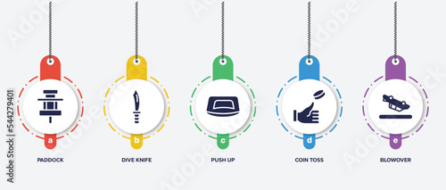 infographic element template with racing filled icons such as paddock, dive knife, push up, coin toss, blowover vector.