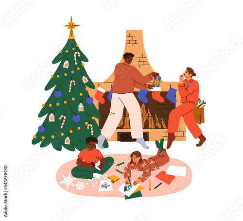 Family, children during Christmas preparations at festive home. Parents decorating fireplace for winter holiday, kids preparing DIY gifts. Flat graphic vector illustration isolated on white background