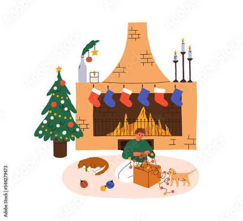 Man, pets at home at Christmas. Person preparing Xmas decoration, holiday garland, festive baubles, ornament at fireplace in living room. Flat graphic vector illustration isolated on white background