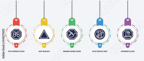 infographic element template with indications filled icons such as site seeing place, any bleach, mining work zone, sick people not allowed, shower place vector.