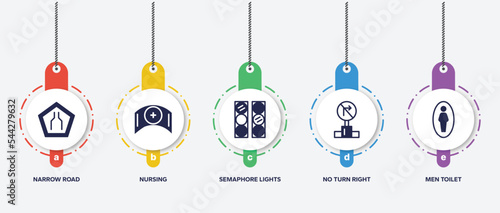 infographic element template with public services fill filled icons such as narrow road, nursing, semaphore lights, no turn right, men toilet vector.