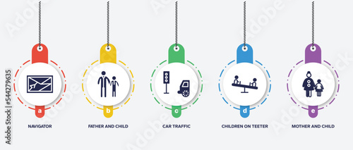 infographic element template with public services fill filled icons such as navigator, father and child, car traffic, children on teeter totter, mother and child vector.