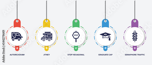 infographic element template with signals set filled icons such as autorickshaw, jitney, stop hexagonal, graduate cap, semaphore traffic lights vector.