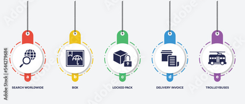 infographic element template with global logistics filled icons such as search worldwide, box, locked pack, delivery invoice, trolleybuses vector.