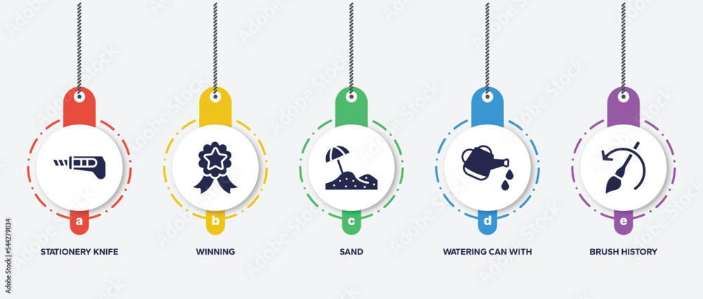infographic element template with general filled icons such as stationery knife, winning, sand, watering can with water drops, brush history vector. infographic element template with general filled icons such as stationery knife, winning, sand, watering can with water drops, brush history vector.