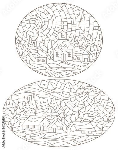 A set of contour illustrations of stained glass Windows with rural landscapes, a Church on a background of snowdrifts and the sky, dark contours on a white background