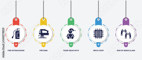 infographic element template with general filled icons such as fire estinguisher, fretsaw, teddy bear with sleep hat, patch crop, pair of binoculars vector.