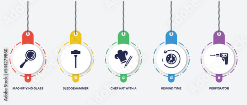 infographic element template with general filled icons such as magnifiying glass, sledgehammer, chef hat with a pencil, rewind time, perforator vector.