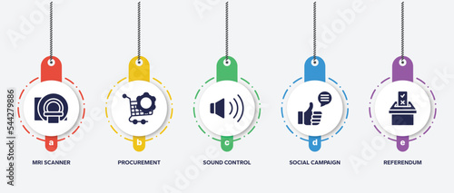 infographic element template with general filled icons such as mri scanner, procurement, sound control, social campaign, referendum vector.
