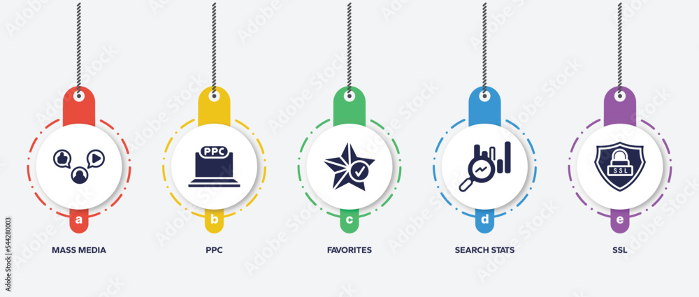 infographic element template with seo and marketing filled icons such as mass media, ppc, favorites, search stats, ssl vector. infographic element template with seo and marketing filled icons such as mass media, ppc, favorites, search stats, ssl vector.