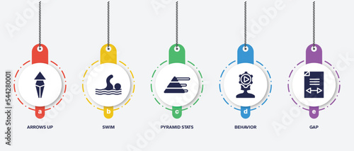 infographic element template with product management filled icons such as arrows up, swim, pyramid stats, behavior, gap vector.