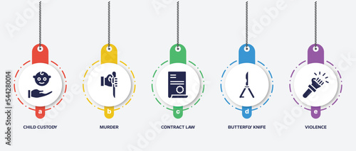 infographic element template with law and justice filled icons such as child custody, murder, contract law, butterfly knife, violence vector.