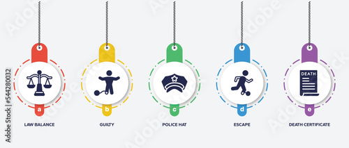 infographic element template with law and justice filled icons such as law balance, guilty, police hat, escape, death certificate vector.