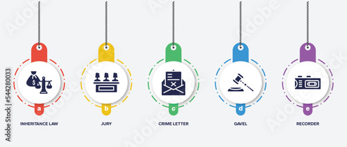 infographic element template with law and justice filled icons such as inheritance law, jury, crime letter, gavel, recorder vector.