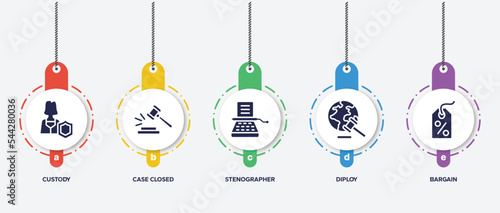 infographic element template with law and justice filled icons such as custody, case closed, stenographer, diploy, bargain vector.