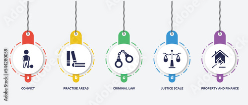 infographic element template with law and justice filled icons such as convict, practise areas, criminal law, justice scale, property and finance vector.