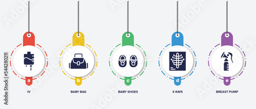 infographic element template with baby filled icons such as iv, baby bag, baby shoes, x rays, breast pump vector.