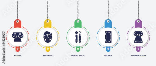 infographic element template with plastic surgery filled icons such as boobs, aesthetic, dental hook, bedpan, augmentation vector.