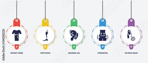 infographic element template with medical instruments filled icons such as patient robe, prothesis, hearing aid, operating, oxygen mask vector.