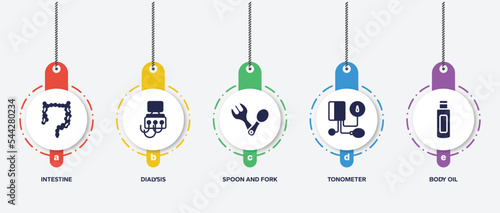 infographic element template with baby filled icons such as intestine, dialysis, spoon and fork, tonometer, body oil vector.