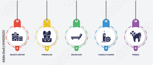 infographic element template with hospital elements filled icons such as health center, premolar, deckchair, candle flower, trebol vector.