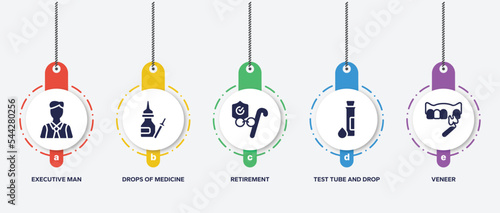 infographic element template with dental filled icons such as executive man, drops of medicine, retirement, test tube and drop, veneer vector.