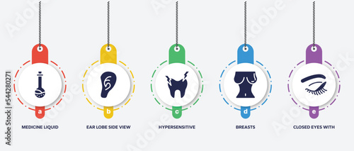 infographic element template with body parts filled icons such as medicine liquid in a test tube glass, ear lobe side view, hypersensitive, breasts, closed eyes with lashes and brows vector.