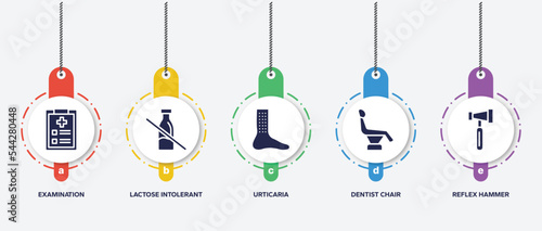 infographic element template with hospital filled icons such as examination, lactose intolerant, urticaria, dentist chair, reflex hammer vector.