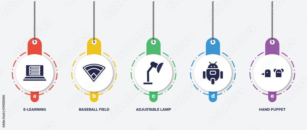 infographic element template with kindergarten filled icons such as e-learning, baseball field, adjustable lamp, , hand puppet vector. infographic element template with kindergarten filled icons such as e-learning, baseball field, adjustable lamp, , hand puppet vector.