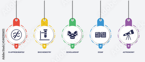 infographic element template with laboratory filled icons such as is approximately equal to, biochemistry, scholarship, essay, astronomy vector.