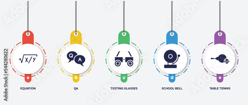 infographic element template with sports filled icons such as equation, qa, testing glasses, school bell, table tennis vector.