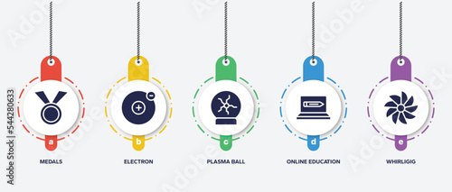 infographic element template with kindergarten filled icons such as medals, electron, plasma ball, online education, whirligig vector.