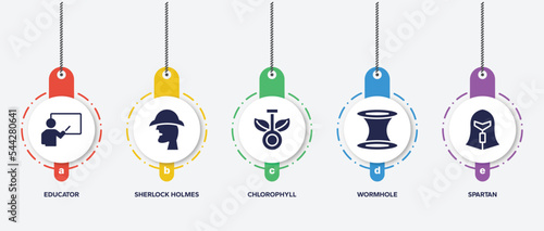 infographic element template with literature filled icons such as educator, sherlock holmes, chlorophyll, wormhole, spartan vector.