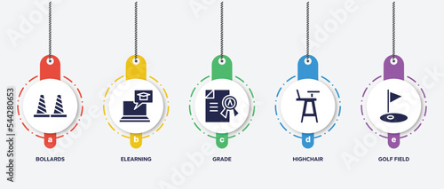 infographic element template with sports filled icons such as bollards, elearning, grade, highchair, golf field vector.