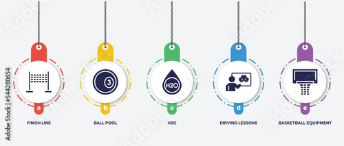 infographic element template with sports filled icons such as finish line, ball pool, h2o, driving lessons, basketball equipment vector.