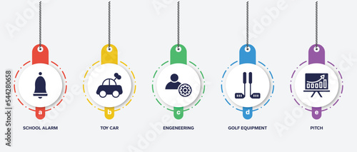 infographic element template with rugby filled icons such as school alarm, toy car, engeneering, golf equipment, pitch vector.