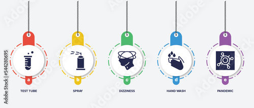 infographic element template with filled icons such as test tube, spray, dizziness, hand wash, pandemic vector.