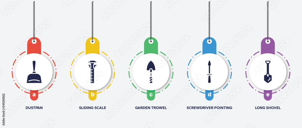 infographic element template with tools and hinery filled icons such as dustpan, sliding scale, garden trowel, screwdriver pointing up, long shovel vector. infographic element template with tools and hinery filled icons such as dustpan, sliding scale, garden trowel, screwdriver pointing up, long shovel vector.