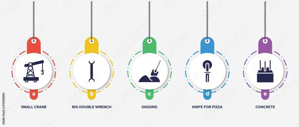 infographic element template with construction filled icons such as small crane, big double wrench, digging, knife for pizza, concrete vector. infographic element template with construction filled icons such as small crane, big double wrench, digging, knife for pizza, concrete vector.
