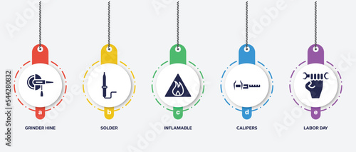 infographic element template with labor day elements filled icons such as grinder hine, solder, inflamable, calipers, labor day vector.