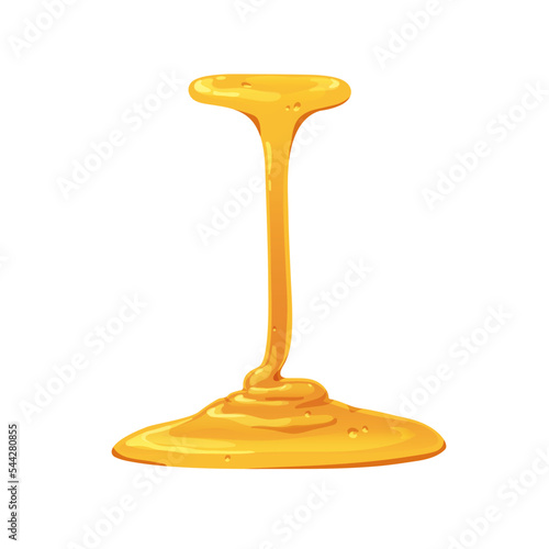 Bee honey trickle, stream. Pouring caramel into yellow liquid pool of sticky gold syrup. Maple sauce dripping, falling, flowing down. Flat graphic vector illustration isolated on white background