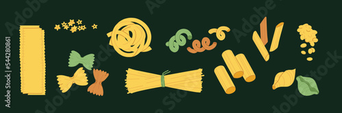 Colored pasta with basil or tomatoes on dark back. Different types of noodles for italian cuisine menu or decorating cafe, restaurant, kitchen with fettuccine nests, spaghetti, penne. Isolated vector