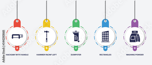 infographic element template with housekeeping filled icons such as hacksaw with handle, hammer facinf left, dumpster, rectangles, washing powder vector.