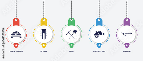 infographic element template with building filled icons such as torch helmet, dyupel, mine, electric saw, sealant vector.