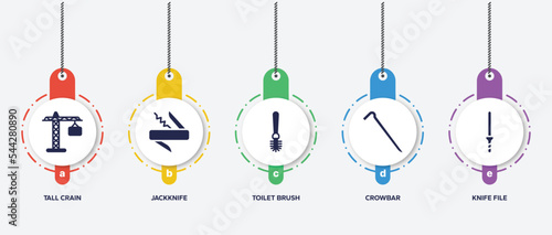 infographic element template with tools and hinery filled icons such as tall crain, jackknife, toilet brush, crowbar, knife file vector.
